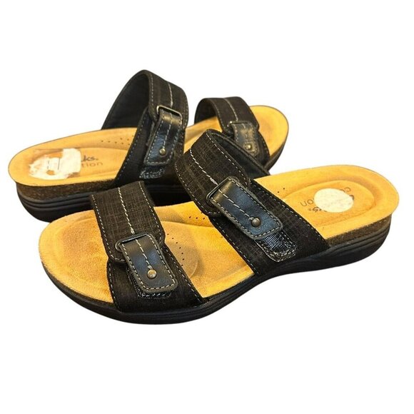 Clarks Shoes - Clarks Collection Adjustable Slide Sandals‎ April Dusk Black Interest Size 6.5M